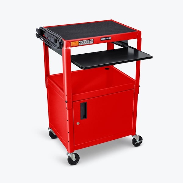 Fine-Line Adjustable Height Steel AV Cart with Pullout Keyboard Tray Cabinet - Red FI3572914 - main